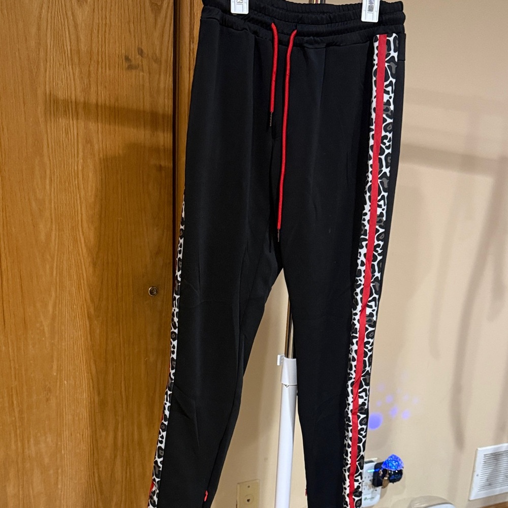 Black Joggers with Red and Animal Print Accents
